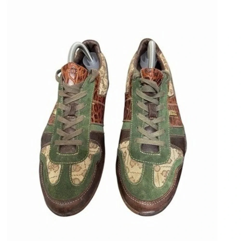 Guess by Marciano Sneakers Mens 8.5 Brown Green Croc Embossed Monogram Suede EUC